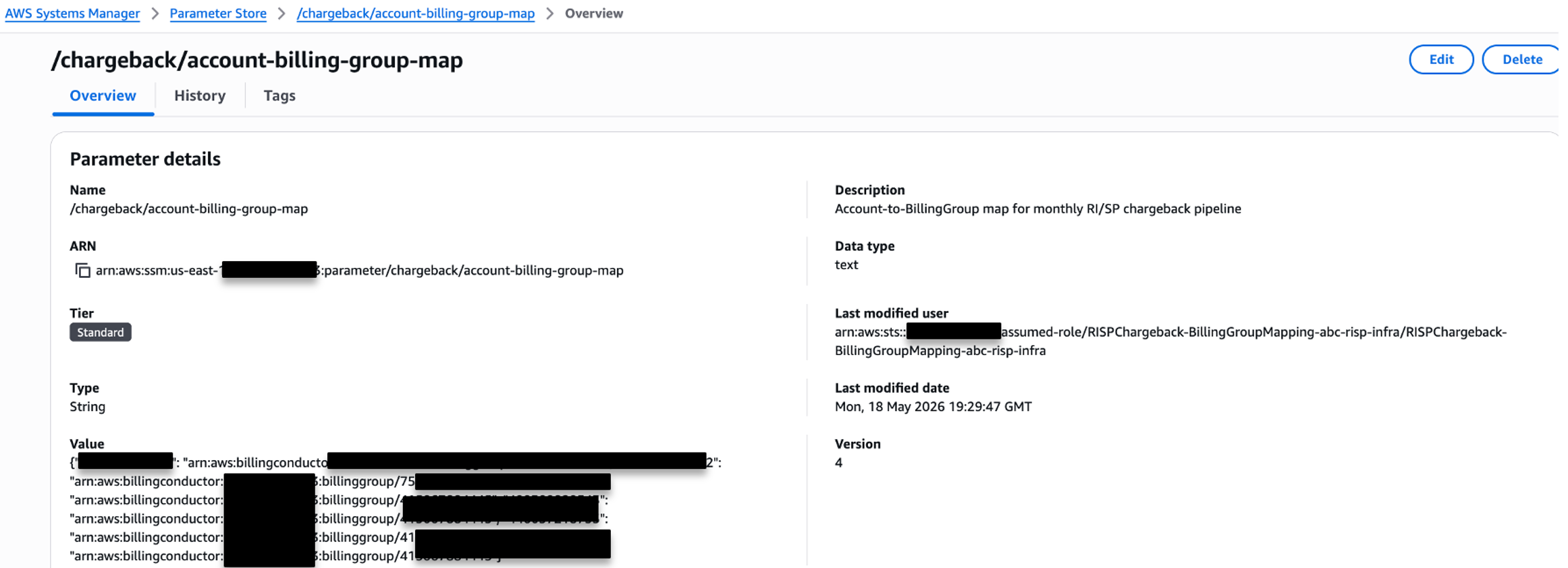 AWS CloudFormation "Create stack" wizard at Step 2 (Specify stack details) for a stack named "risp-chargeback-pipeline". Parameters include AthenaDatabase (cur2), AthenaTable (data), BillingPeriod (2026-07), CURBucketName (cur-s3-bucket-name), DryRun (true), EnableSchedule (false), and PayerAccountId (123456789012).